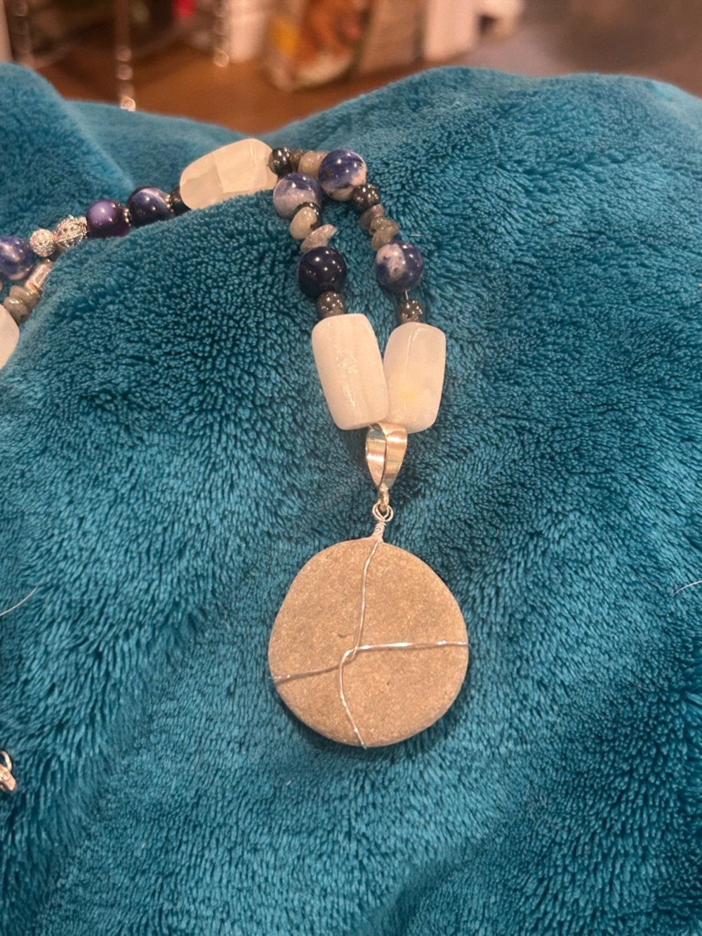 Handcrafted Agate, Sodalite and labradorite beaded necklace Beach stone pendant